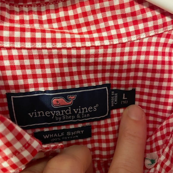 Vineyard Vines Whale shirt, red check, boys size large (16) - Picture 2 of 2